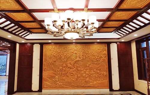 荔城中式别墅客厅中式木作横梁吊顶装饰展示